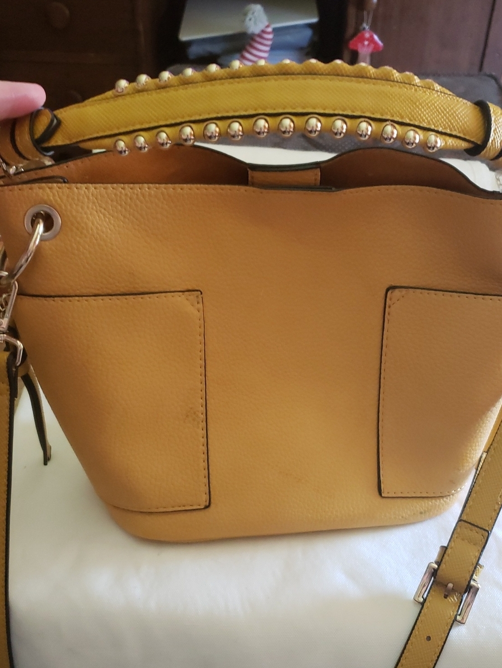 Steve Madden Yellow Pebbled Leather Shoulder Bucket Bag with Stud Handle